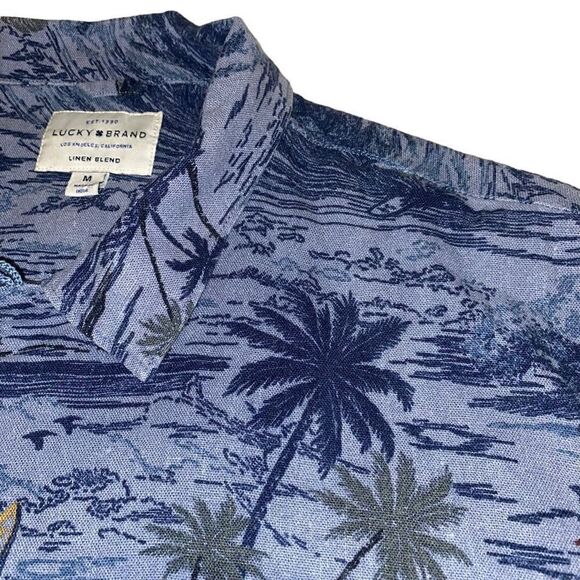 Lucky Brand‎ Blue Linen Hawaiian Button Down Shirt Size Medium - Picture 3 of 10